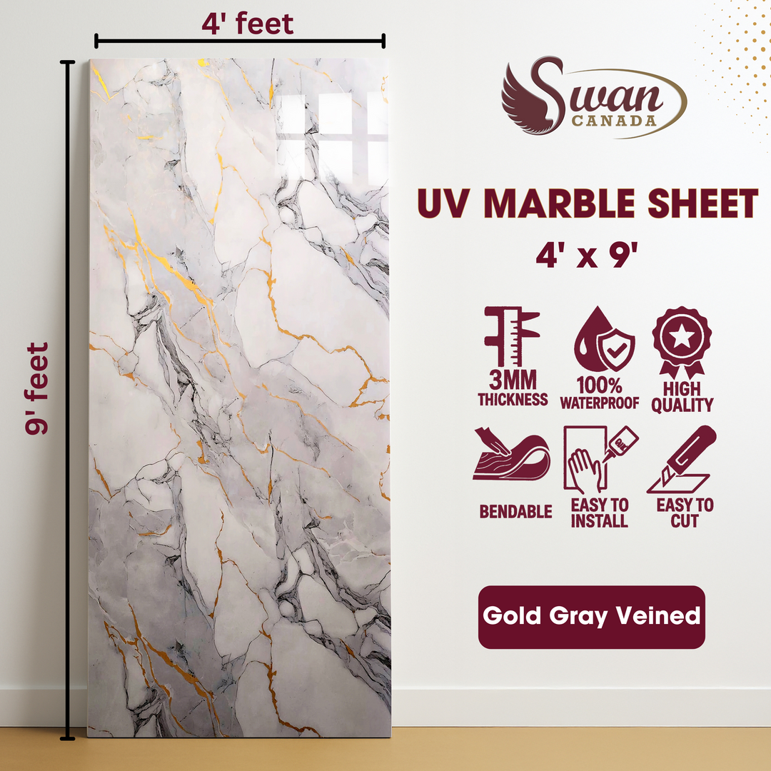 Feuilles de marbre UV, veinées de gris or blanc, 1 feuille, 4 x 9 pieds