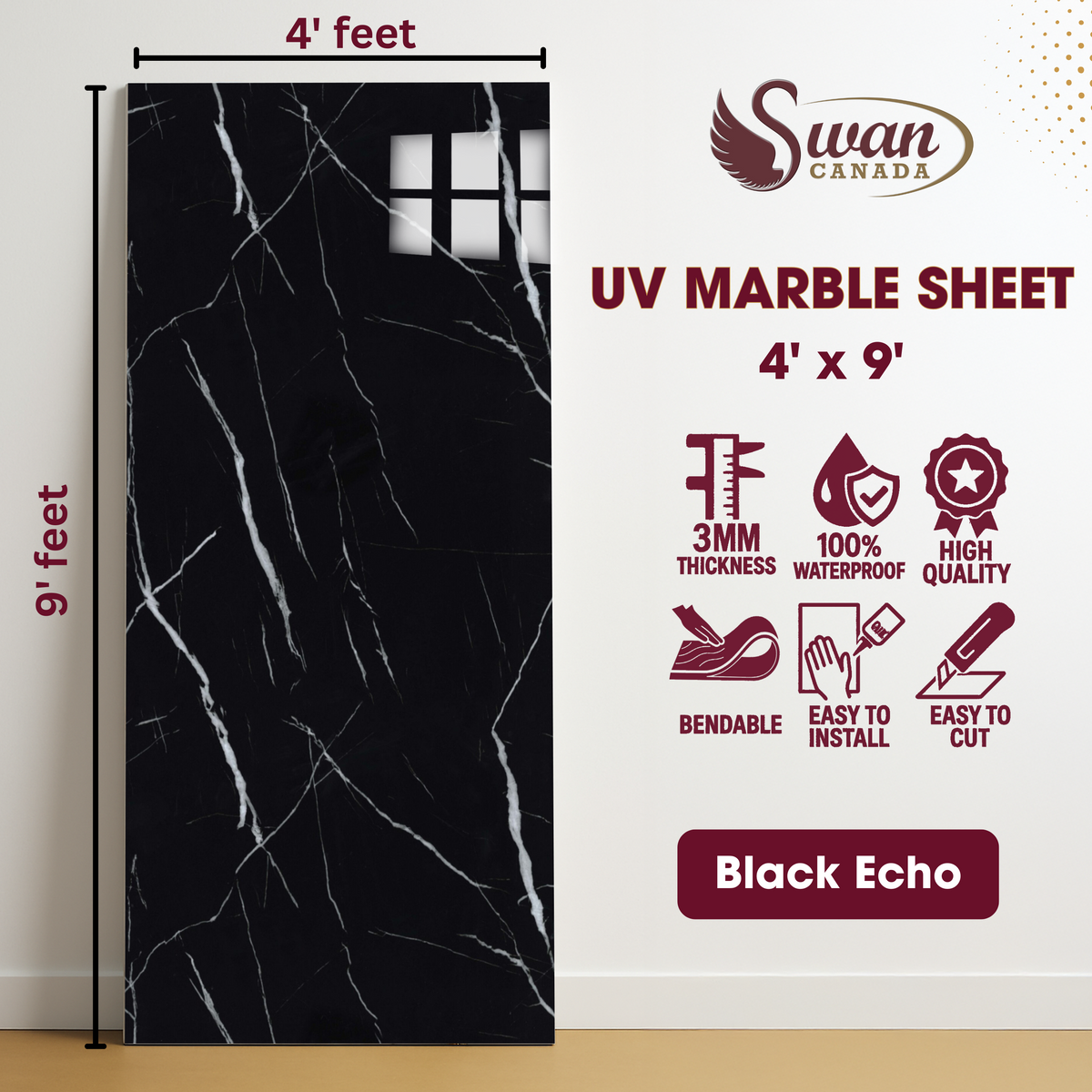 UV Marble Sheets, Black Echo, 1 Sheet, 4 X 9 Feet – Swan Canada
