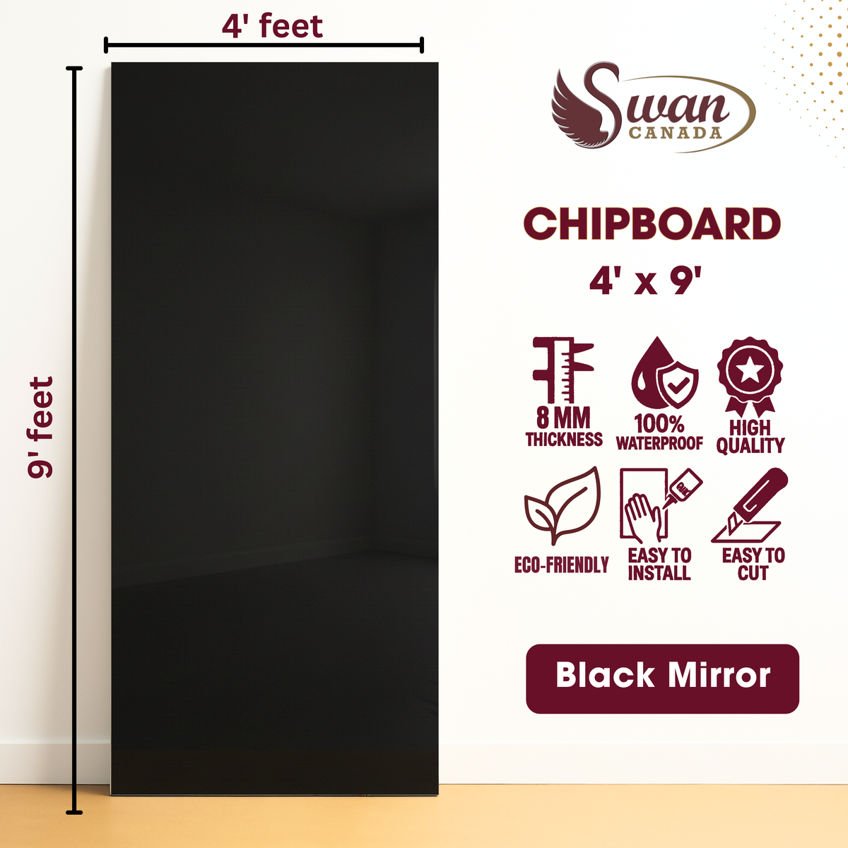 Chip Boards, Black Mirror, 1 Board, 4 X 9 Feet – Swan Canada