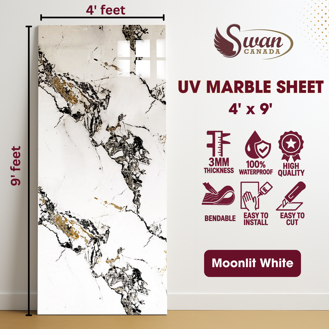 Feuilles de marbre UV, blanc clair de lune, 1 feuille, 4 x 9 pieds