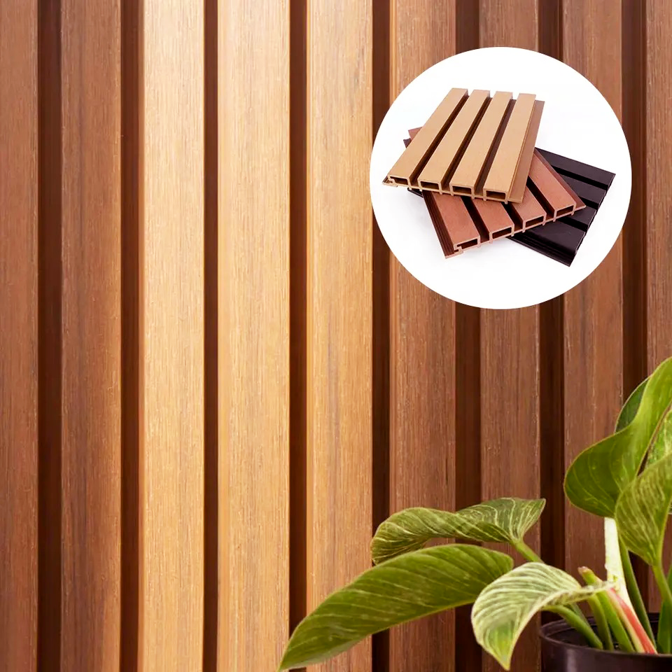 Panneaux muraux cannelés extérieurs en WPC, Teak Flow, 5 panneaux/boîte