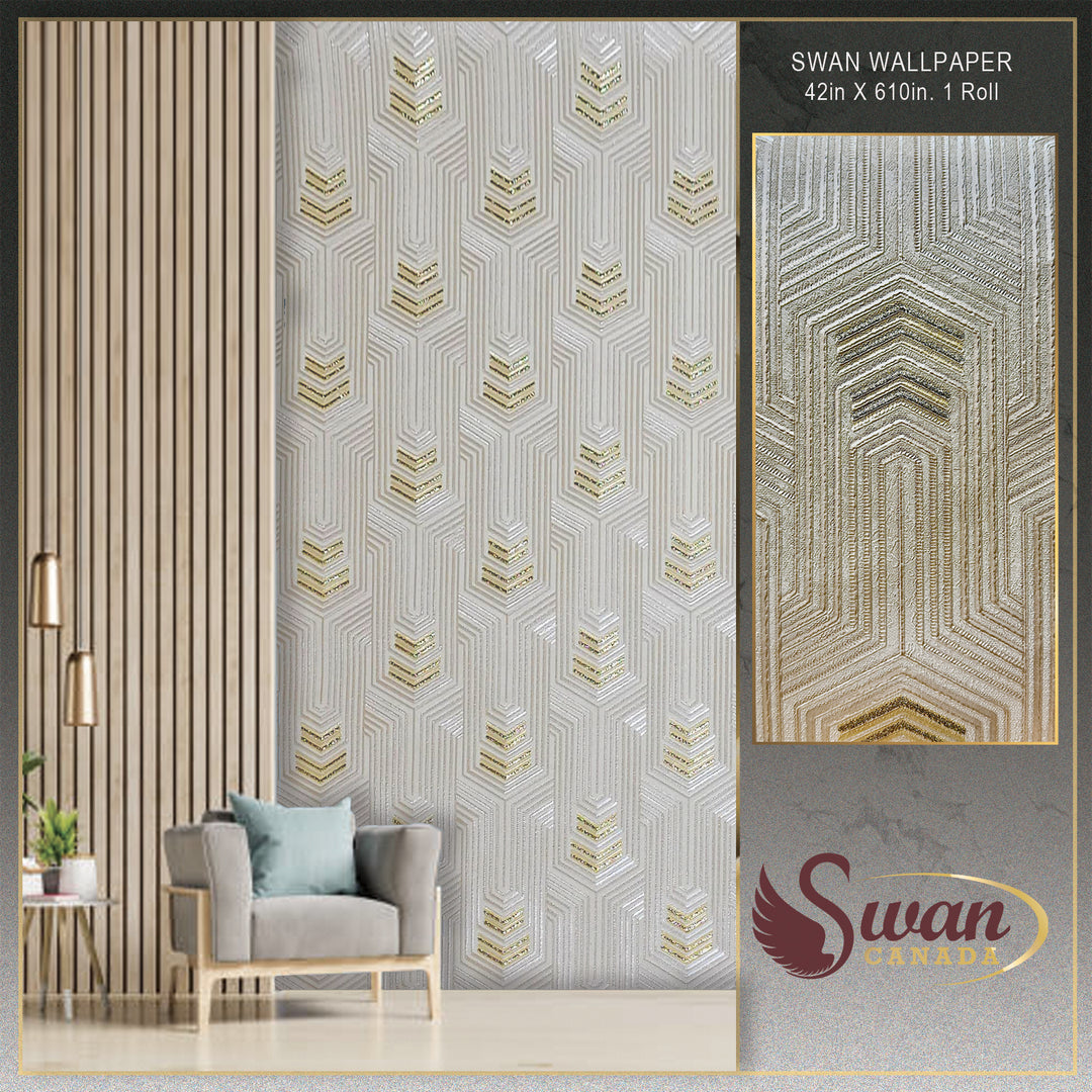 Papier peint Cygne, déco dorée, 42 po x 610 po. 1 rouleau