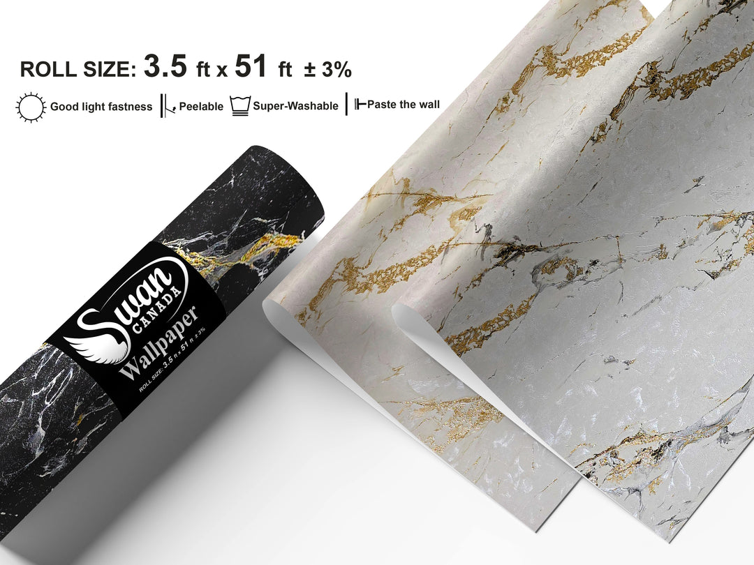 Papier peint Cygne, veines marbrées noires, 42 po x 610 po, 1 rouleau