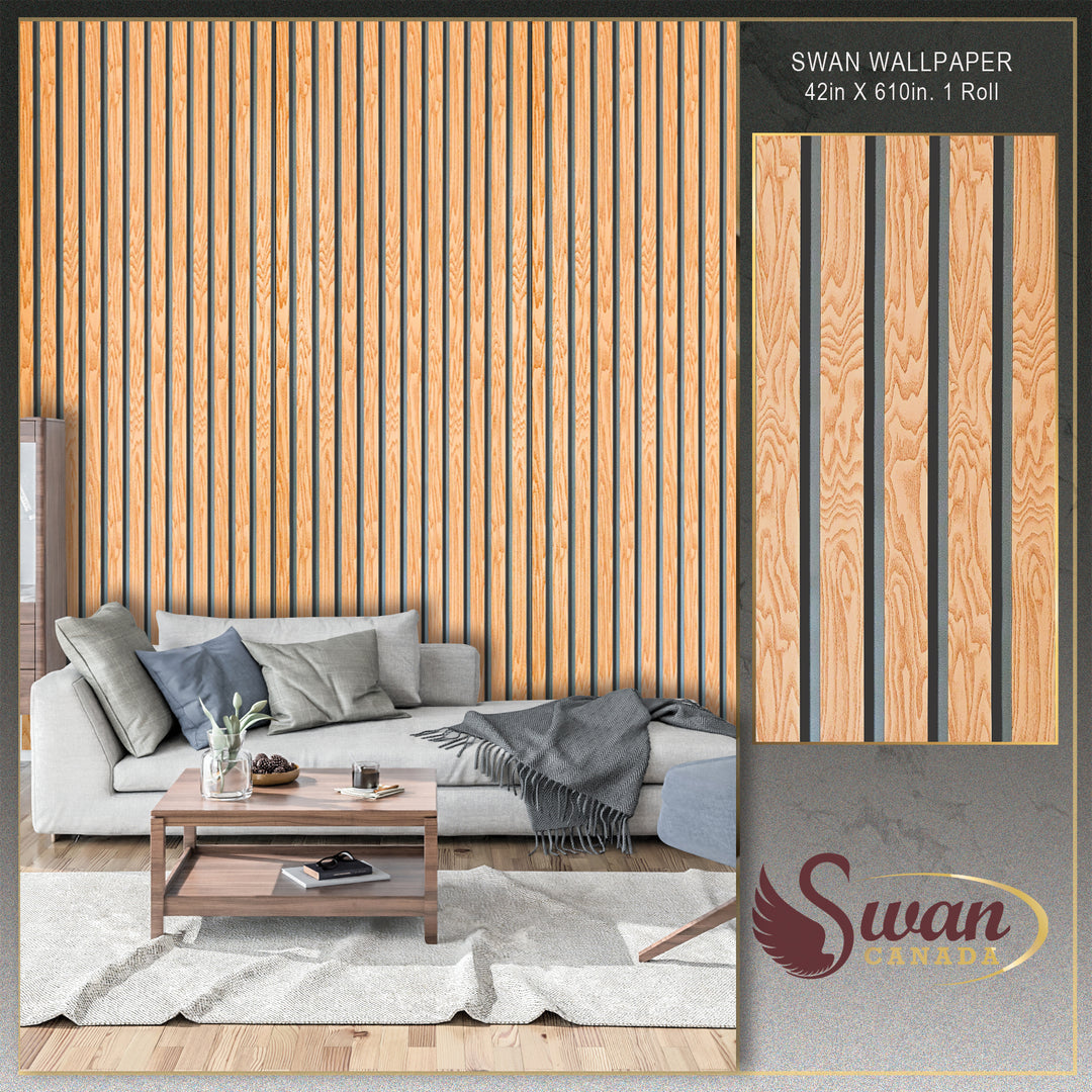 Papier peint Cygne, lattes en bois, 42 po x 610 po, 1 rouleau