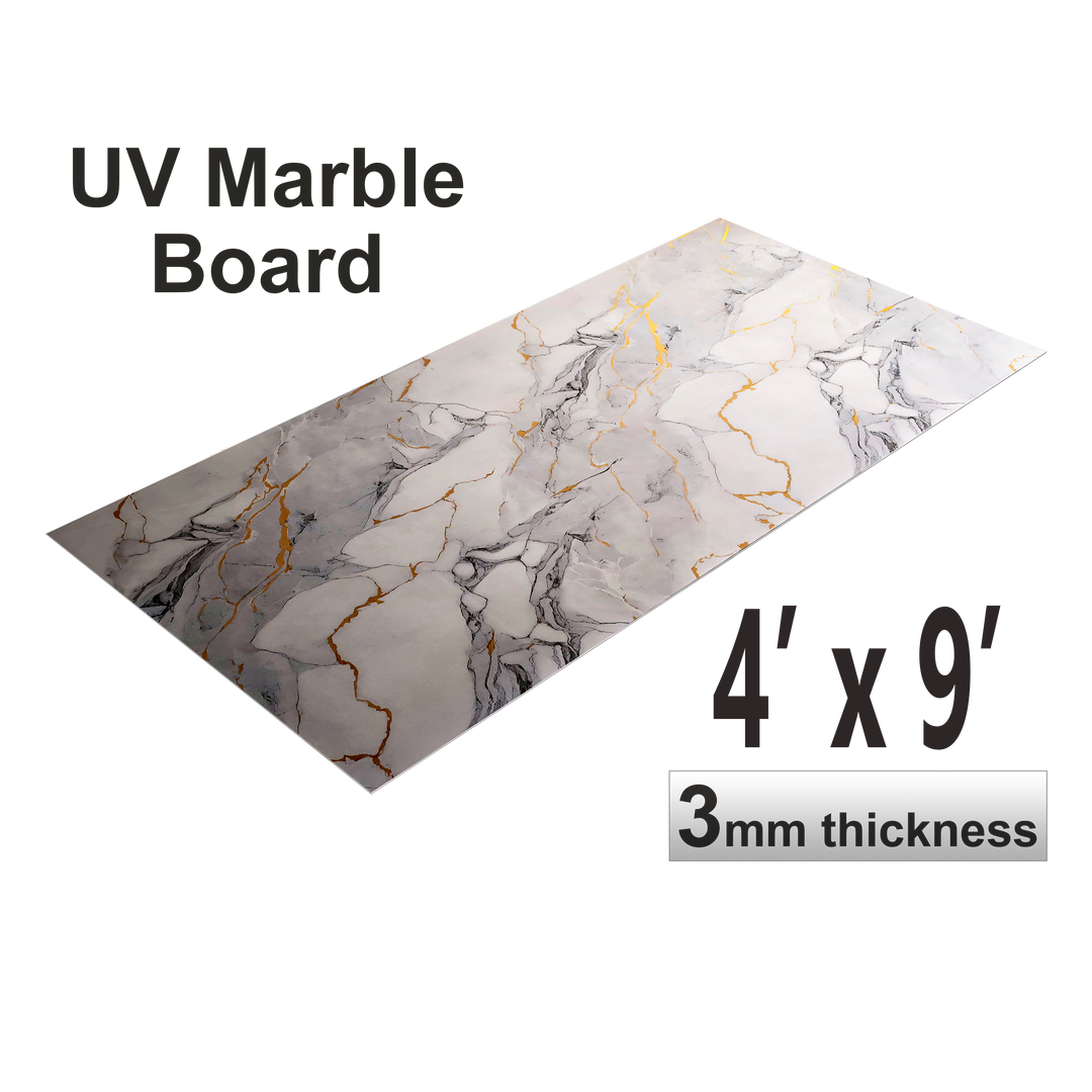 Feuilles de marbre UV, veinées de gris or blanc, 1 feuille, 4 x 9 pieds