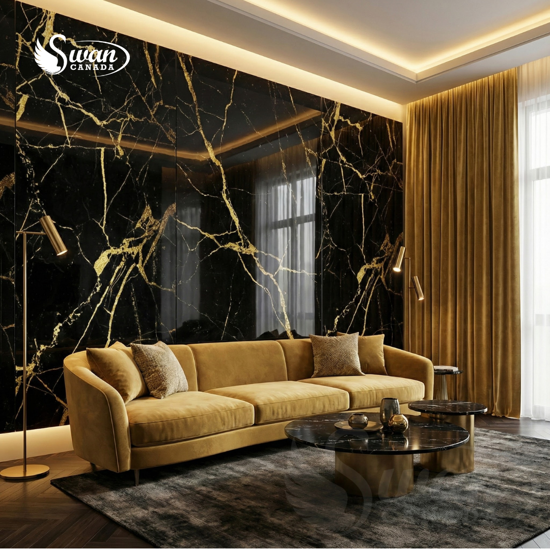 UV Marble Sheets, Black Gold Veined , 1 Sheet, 4 X 9 Feet