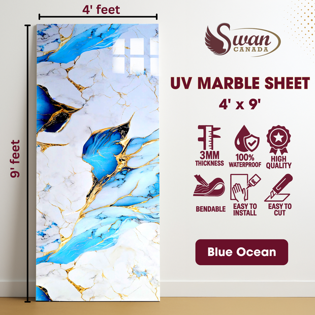 Feuilles de marbre UV, veinées de bleu océan, 1 feuille, 4 x 9 pieds 