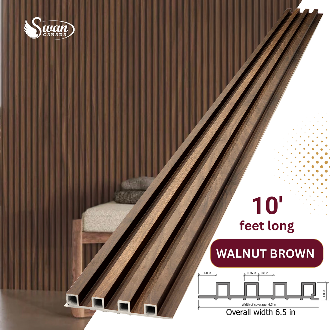WPC Fluted Panels, Walnut Brown, 10 Panels x 10 feet long.