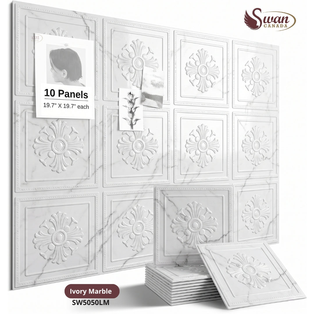 3D Wall Panels, Ivory Marble, 19.7" x 19.7"