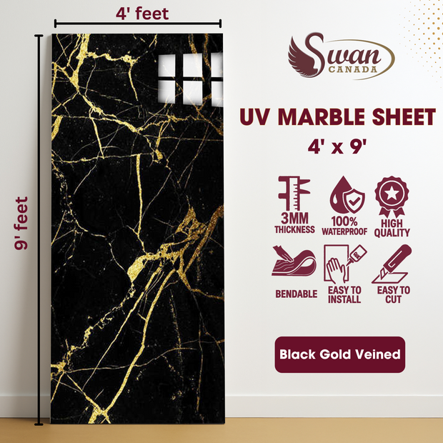 Feuilles de marbre UV, veinées d'or noir, 1 feuille, 4 x 9 pieds 