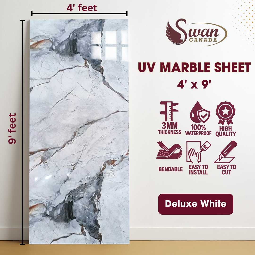 Feuilles de marbre UV, blanc de luxe, 1 feuille, 4 x 9 pieds 