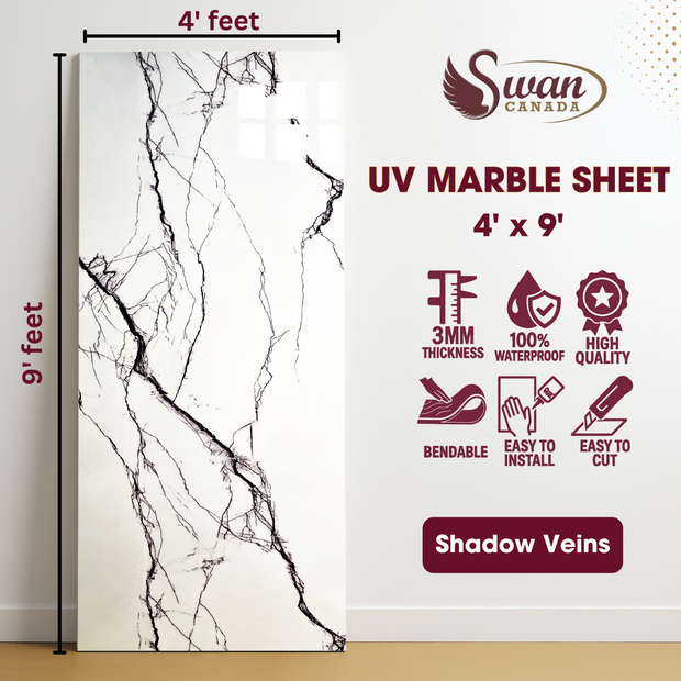 Feuilles de marbre UV, élégance blanche, 1 feuille, 4 x 9 pieds 