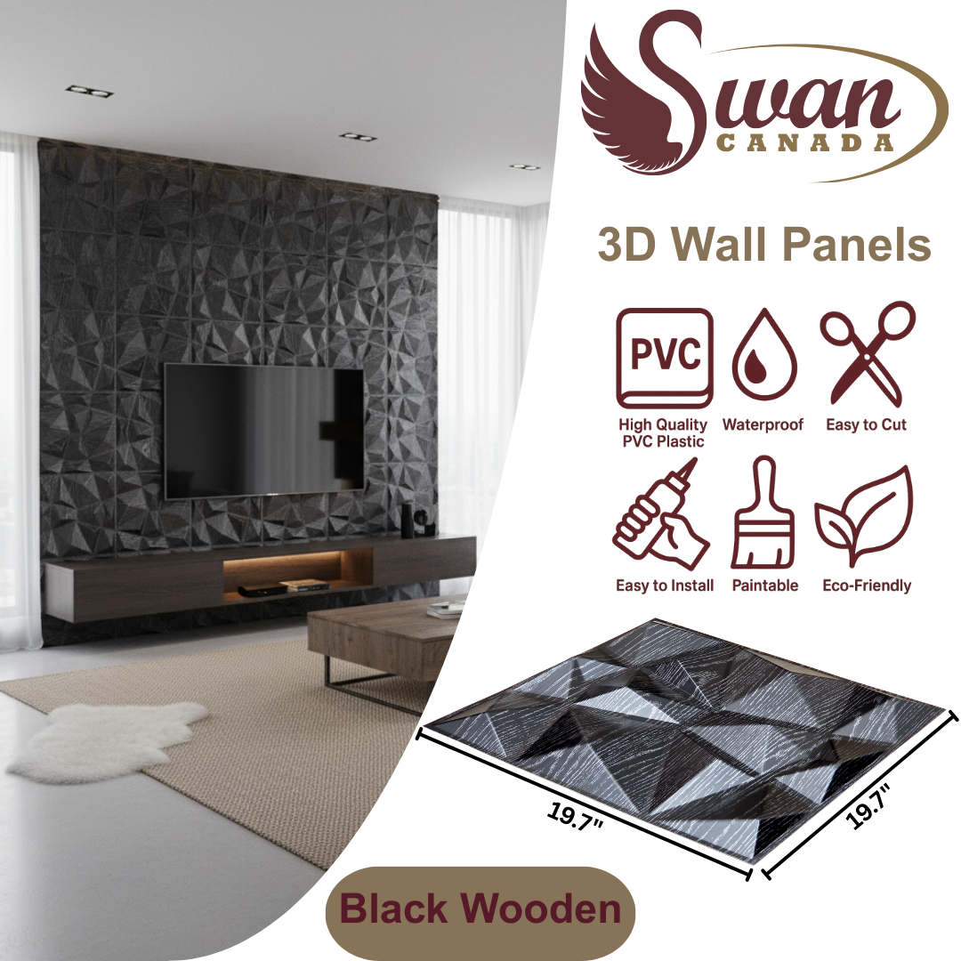 3D Wall Panels, Black Wooden, 19.7" x 19.7"