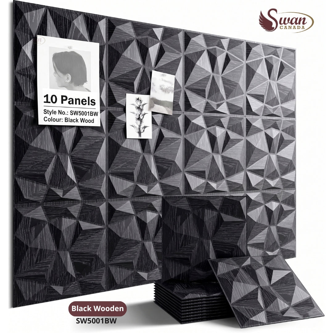 3D Wall Panels, Black Wooden, 19.7" x 19.7"
