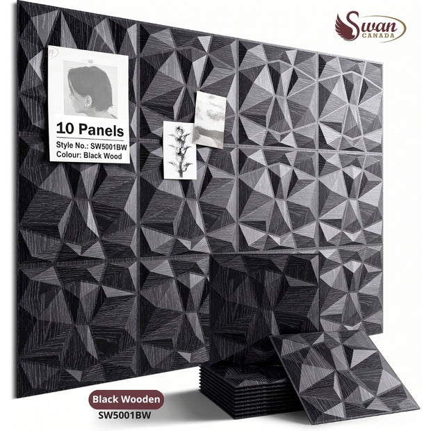 Panneaux muraux 3D, bois noir, 50 x 50 cm