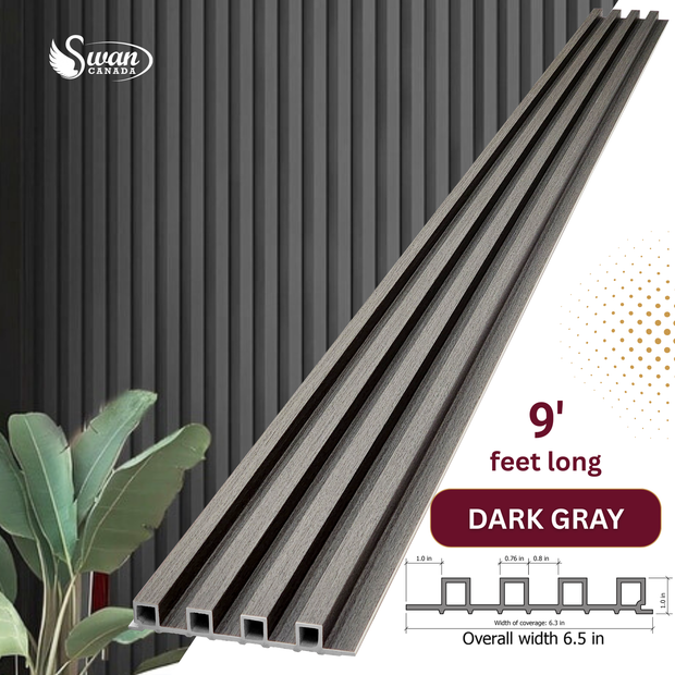 WPC Fluted Panels, Dark Gray, 10 Panels x 9 feet long.