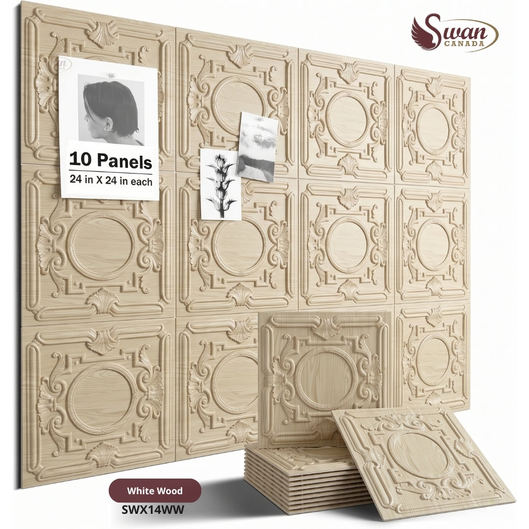 3D Wall Panels, White Wood, 24" x 24"