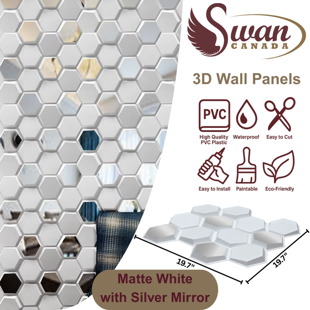 Panneaux muraux 3D, hexagonaux blancs mats, 50 cm x 50 cm