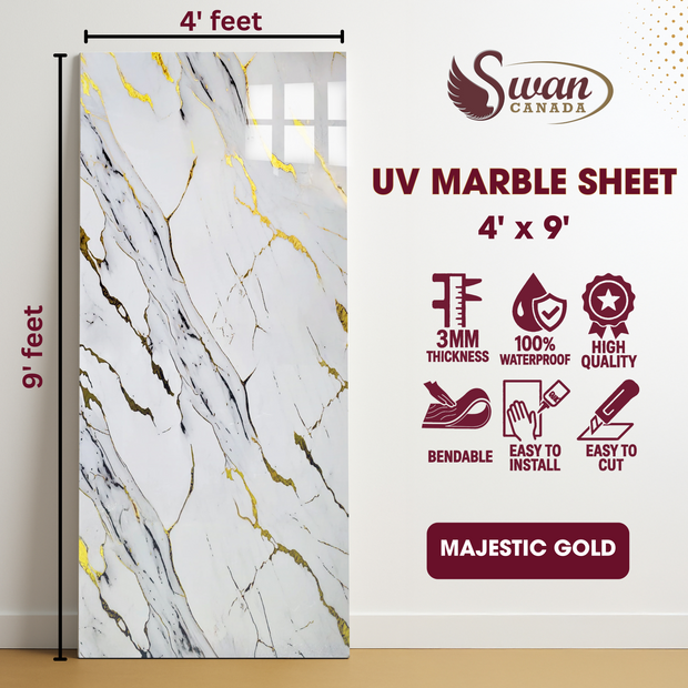 Feuilles de marbre UV, MAJESTIC GOLD, 1 feuille, 4 x 9 pieds 