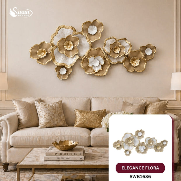 ŒUVRE DÉCORATIVE MURALE, DÉCORATION MURALE FLORALE ÉLÉGANCE OR, 53 PO X 26,5 PO, 1 PIÈCE