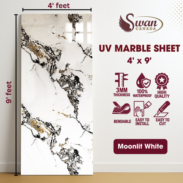 Feuilles de marbre UV, blanc clair de lune, 1 feuille, 4 x 9 pieds 