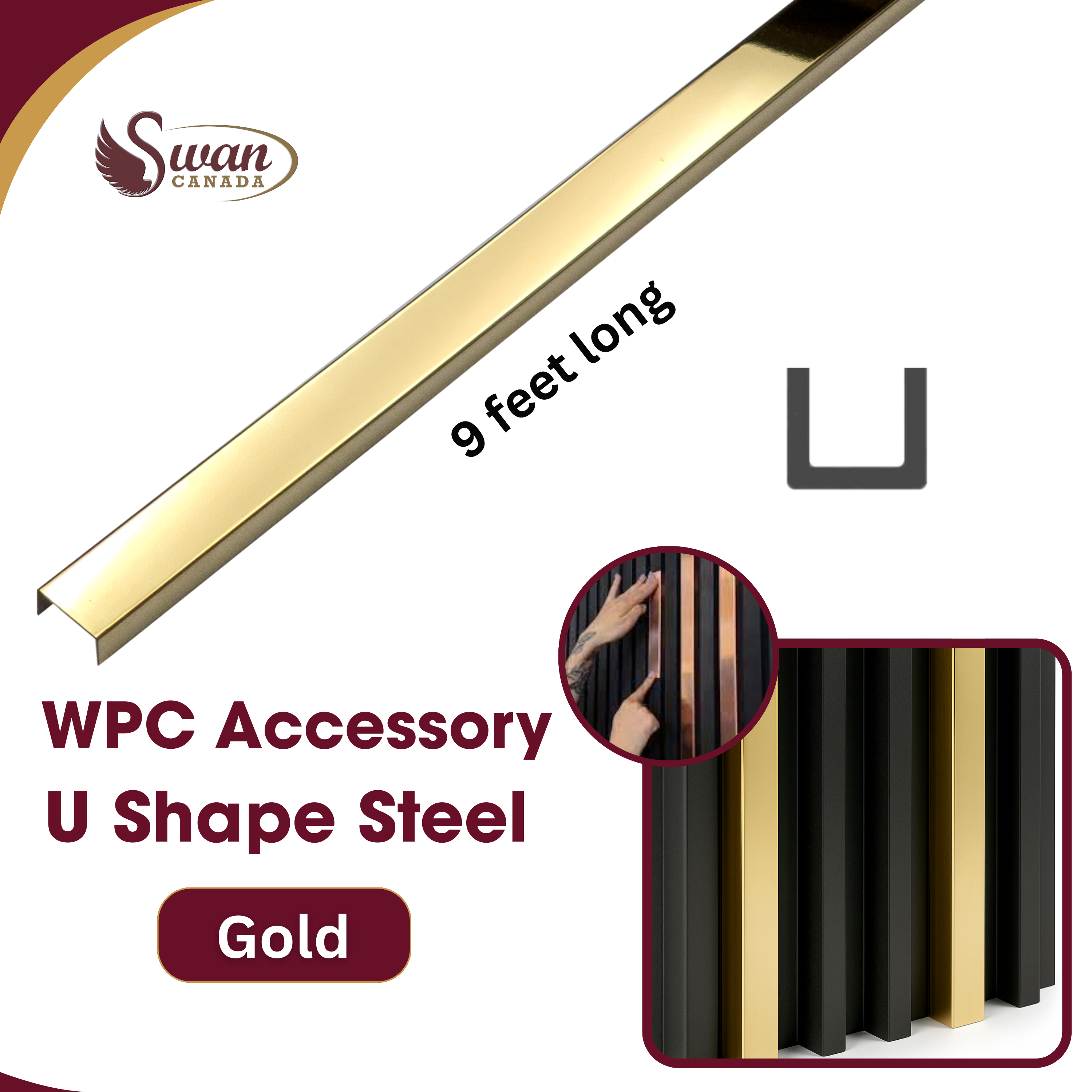 U-shape stainless steel trim capping an exposed WPC wall-panel edge