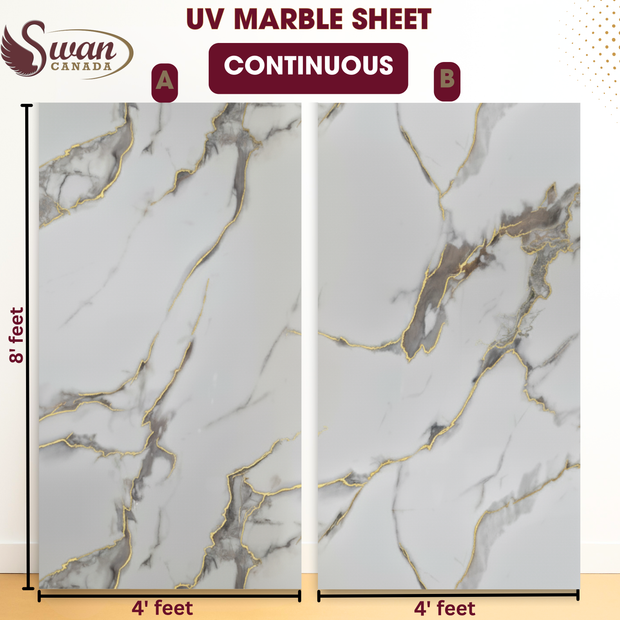 Feuilles de marbre UV, élégance blanche, 1 feuille, 4 x 9 pieds 