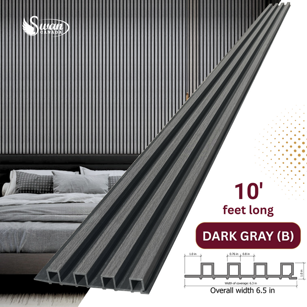 WPC Fluted Panels, Dark Gray (B), 10 Panels x 10 feet long.