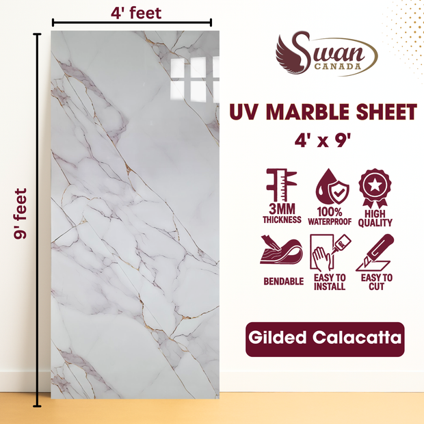 Feuilles de marbre UV, élégance blanche, 1 feuille, 4 x 9 pieds 