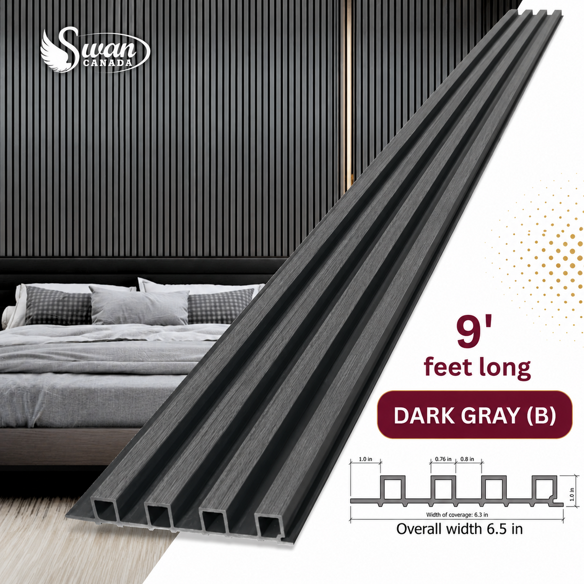 SW2816DGB Dark Gray (B) WPC fluted panels, 9 feet long