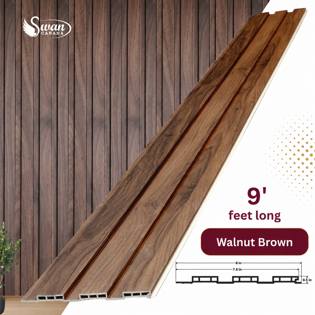 SW28195WB Walnut Brown WPC fluted panels, 7.8 inches x 9 feet
