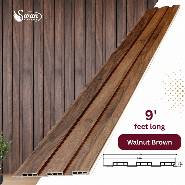 SW28195WB Walnut Brown WPC fluted panels, 7.8 inches x 9 feet