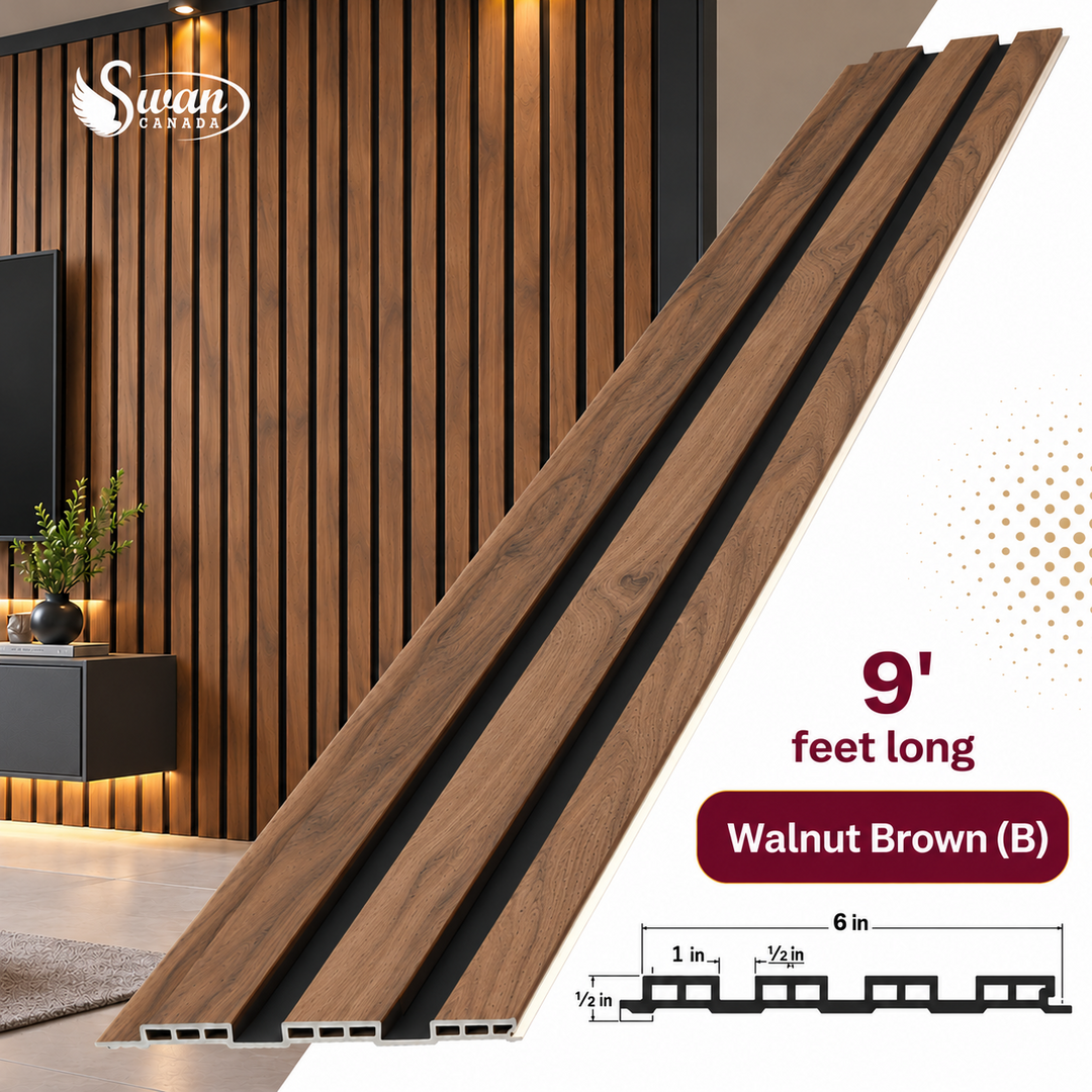 SW28195WBB Walnut Brown (B) WPC fluted panels with black grooves