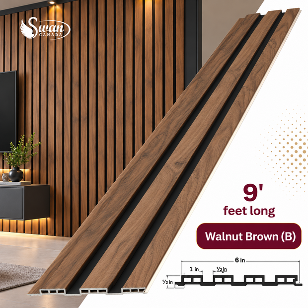 SW28195WBB Walnut Brown (B) WPC fluted panels with black grooves
