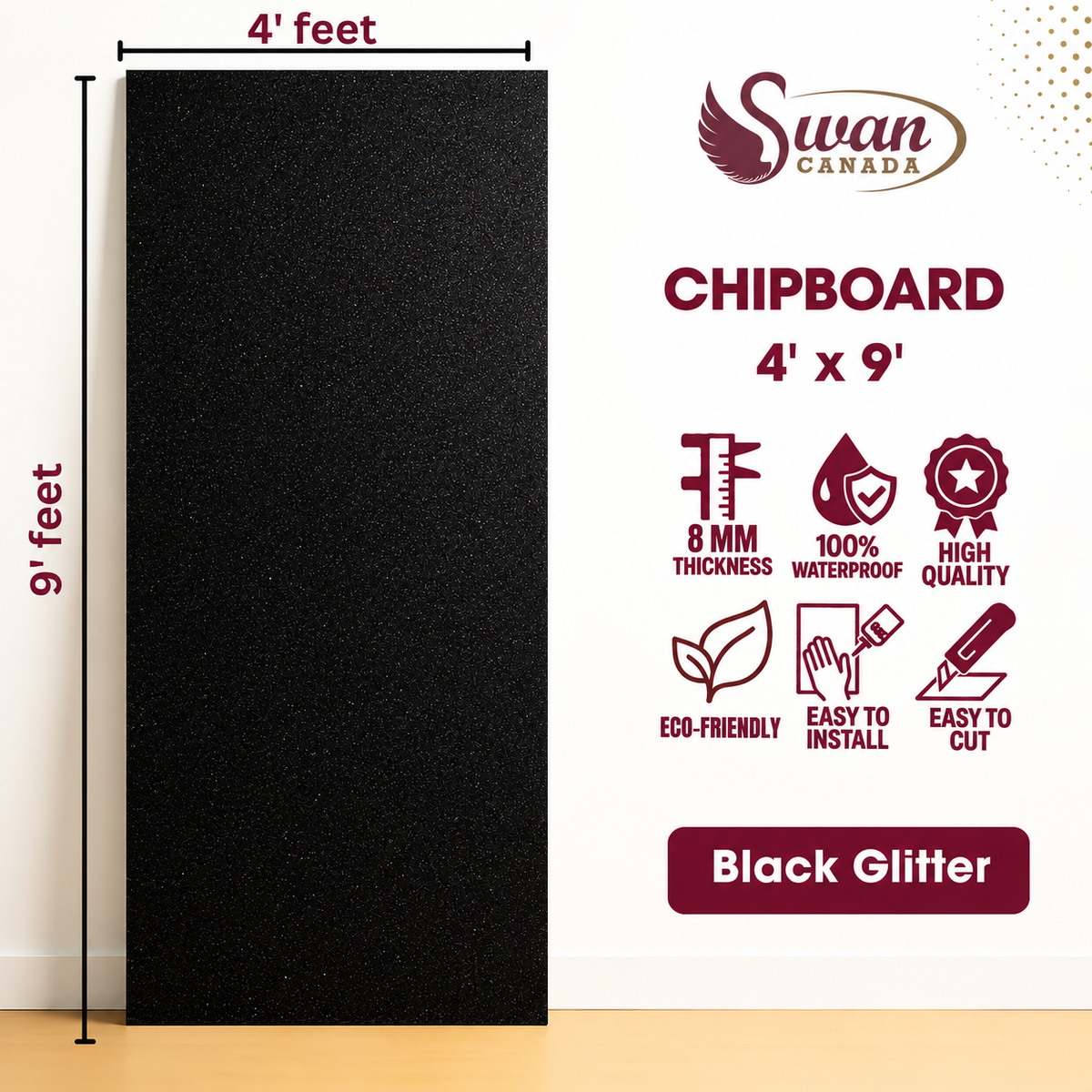 SWCB008BG Black Glitter chipboard, 4ft x 9ft x 8mm