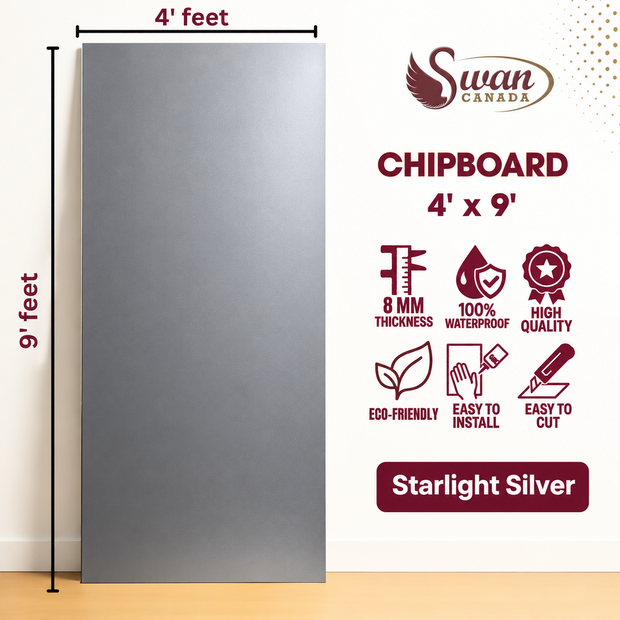 SWCB008SS Starlight Silver chipboard, 4ft x 9ft x 8mm