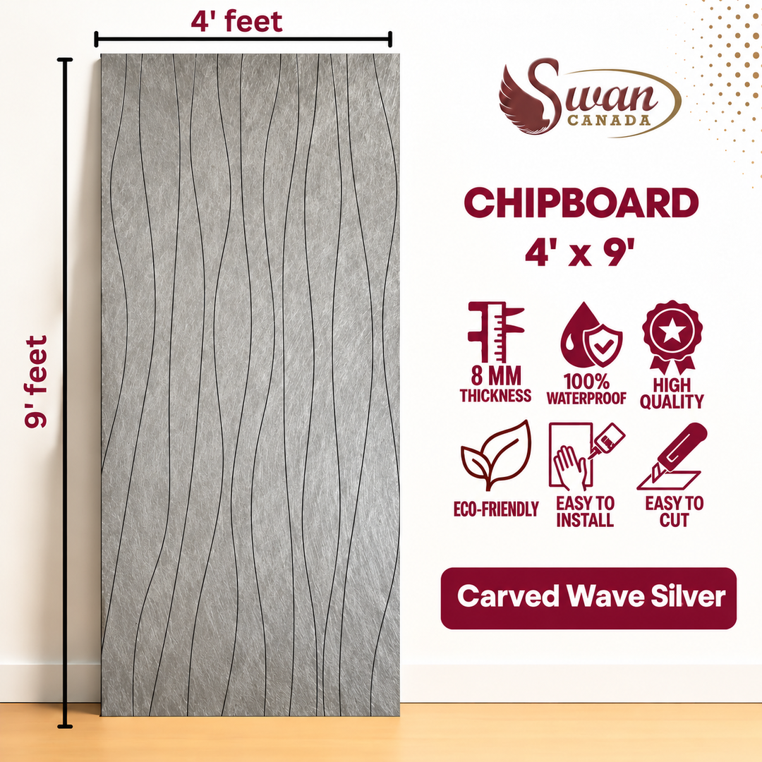 SWCCB008S Carved Wave Silver chipboard, 4ft x 9ft x 8mm