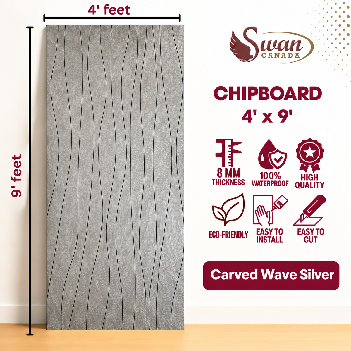 SWCCB008S Carved Wave Silver chipboard, 4ft x 9ft x 8mm