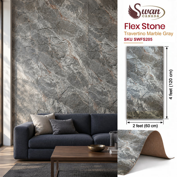 Flex Stone, Travertino Marble Gray, 2ft x 4ft