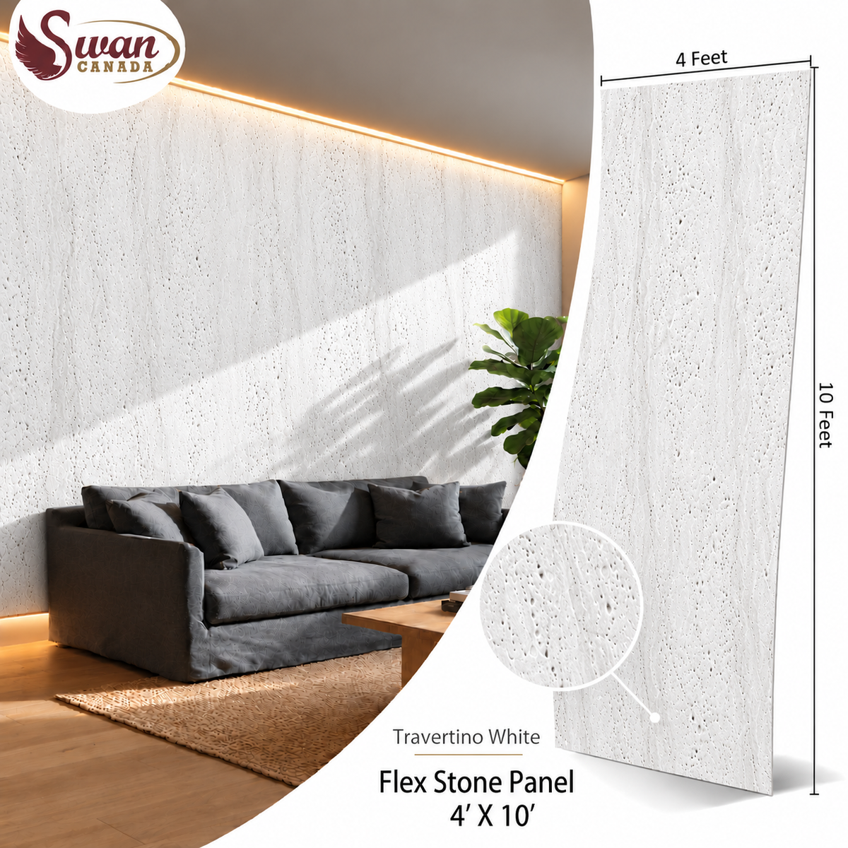 Travertino White Flex Stone panel, 4ft x 10ft x 3mm