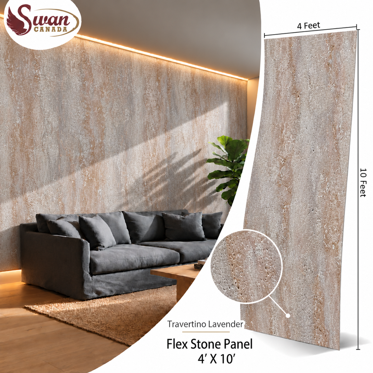 Travertino Lavender Flex Stone panel, 4ft x 10ft x 3mm