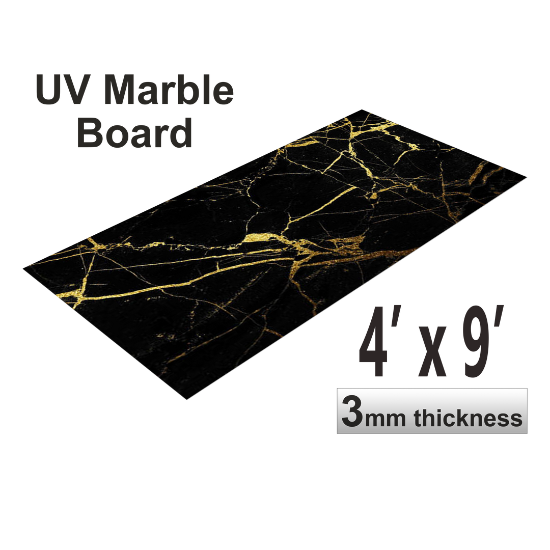 Feuilles de marbre UV, veinées d'or noir, 1 feuille, 4 x 9 pieds 