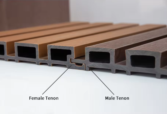 Panneaux muraux cannelés extérieurs en WPC, Teak Flow, 5 panneaux/boîte 